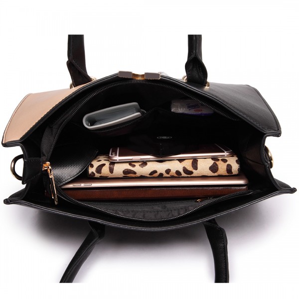 LT1666 - Miss Lulu Split Front Design Medium Tote Handbag Black and Light Brown LT1666 - Miss Lulu Split Front Design Medium Tote Handbag Black and Light Brown